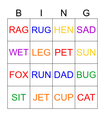 CVC Words Bingo Card