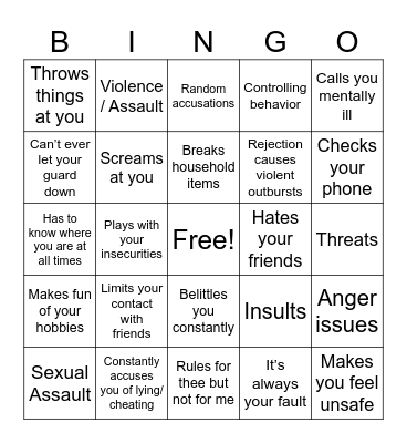 Abusive Relationship Bingo Card