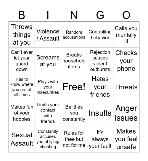 Abusive Relationship Bingo Card