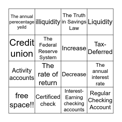 Savings Plans and Types of Checking Accounts Bingo Card