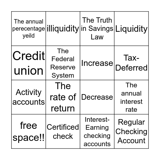 Savings Plans and Types of Checking Accounts Bingo Card