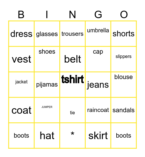 clothes Bingo Card