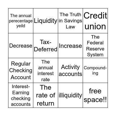 Savings Plans and Types of Checking Accounts Bingo Card
