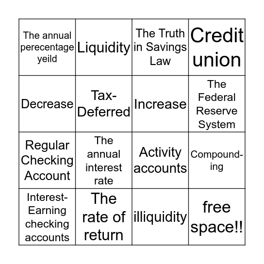 Savings Plans and Types of Checking Accounts Bingo Card