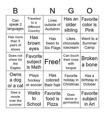 Classroom Bingo Card