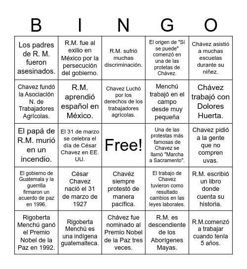 Chavez y Menchú: Repaso Bingo Card