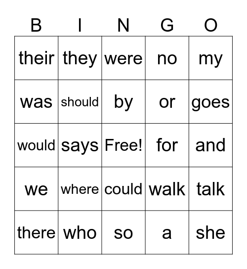 Heart Word Bingo Card