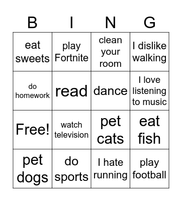 Likes and dislikes Bingo Card