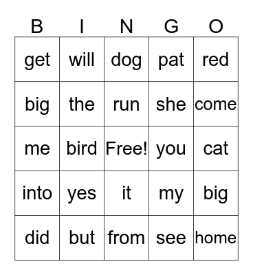 Sight Word Bingo Card