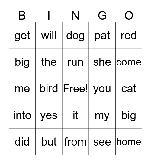 Sight Word Bingo Card