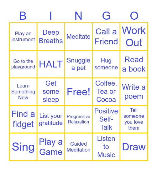 Coping Skills Bingo Card