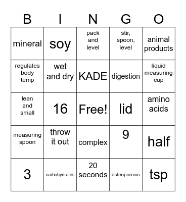 Nutrition Bingo Card