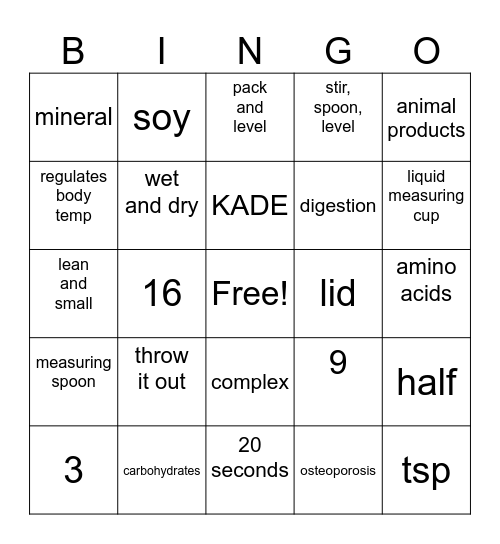 Nutrition Bingo Card