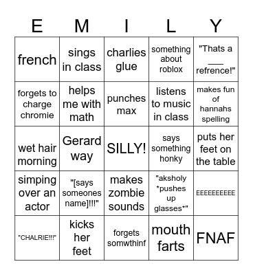 emily Bingo Card