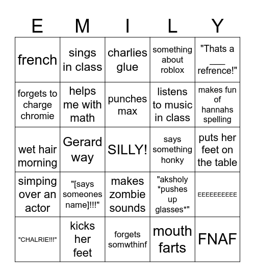 emily Bingo Card