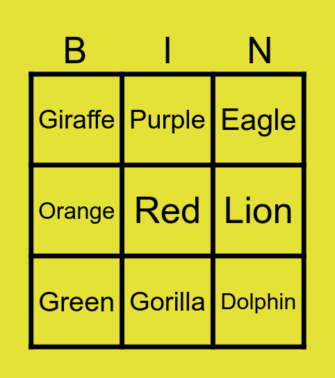 ASL Color and Animal Bingo Card