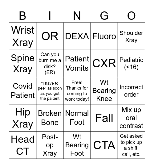 Radiology Bingo! XR/CT Bingo Card