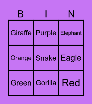 ASL Color and Animal Bingo Card