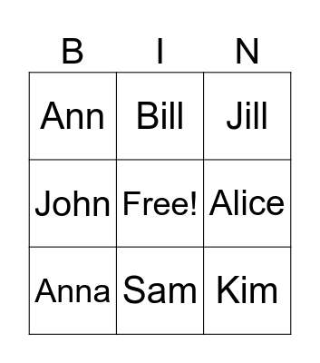 Names in English Bingo Card