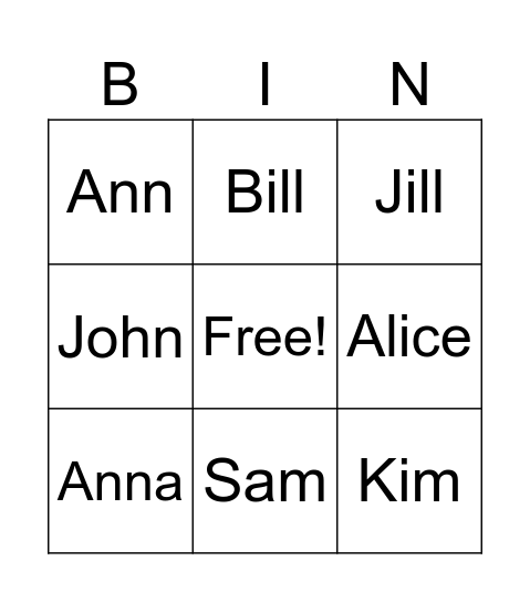 Names in English Bingo Card