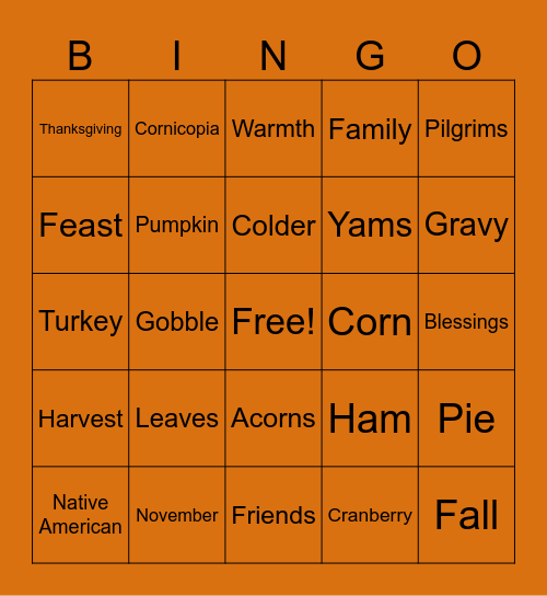 A1 Thanksgiving Bingo Card