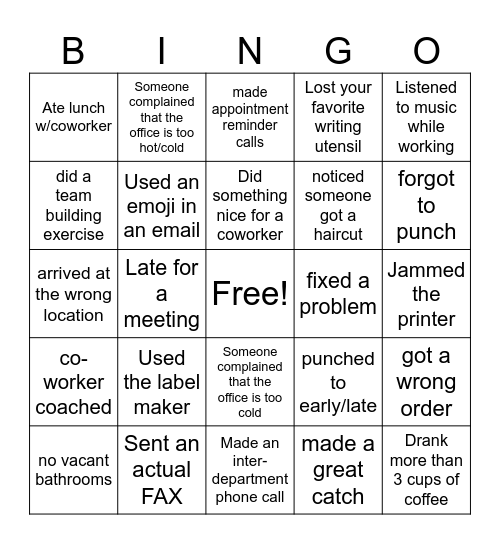 Workplace Bingo Card