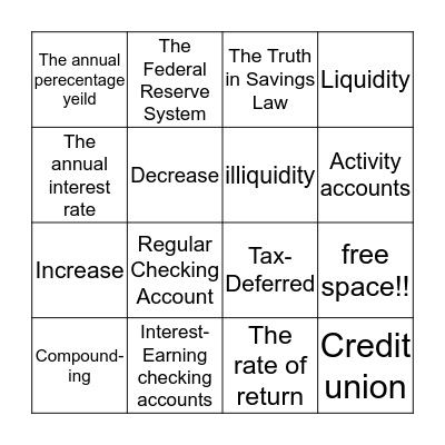 Savings Plans and Types of Checking Accounts Bingo Card