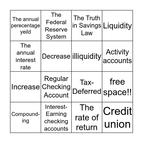 Savings Plans and Types of Checking Accounts Bingo Card