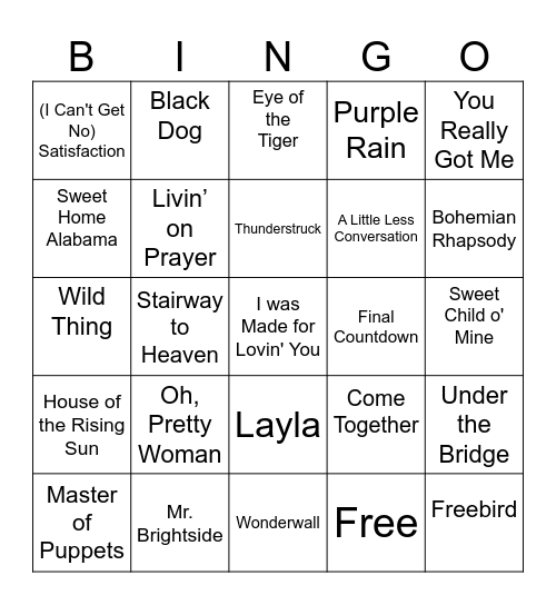 Rock and Roll Bingo Card