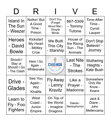 Road Trip Songs Bingo Card