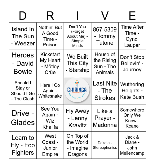 Road Trip Songs Bingo Card