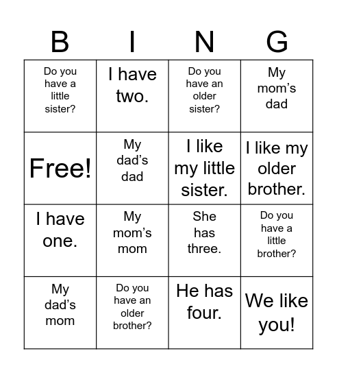 Family Members, Advanced Bingo Card
