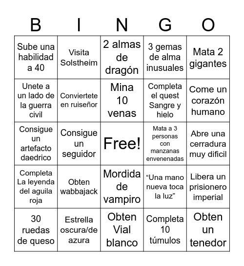 Skyrim Bingo Card