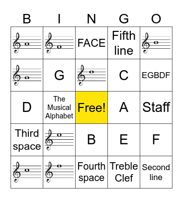 Treble Clef Note Name Bingo Card