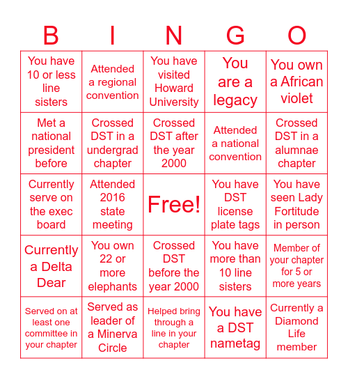 Delta Sigma Theta Bingo Card