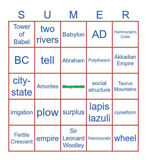 BINGO: Sumerian Civilization Bingo Card