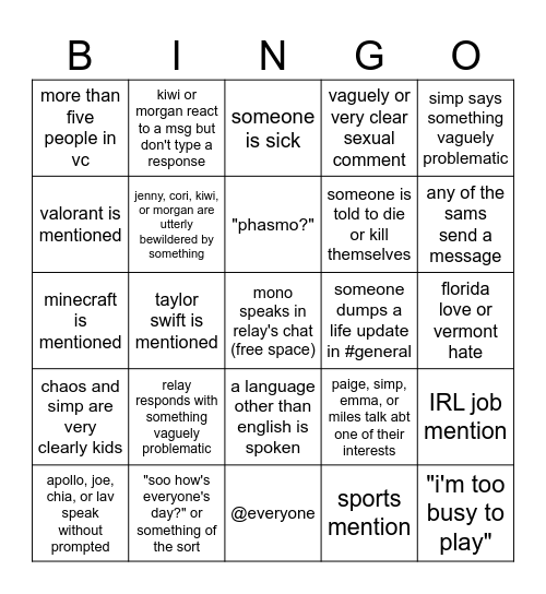 sl "in a week" bingo Card