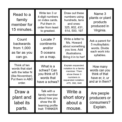 November Homework BINGO Card