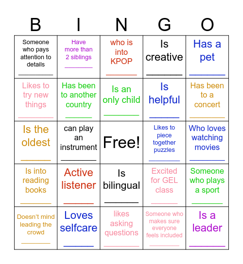 Getting to know you Bingo Card