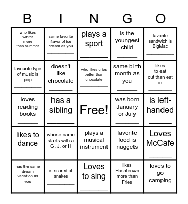 Get to Know Each Other Bingo Card