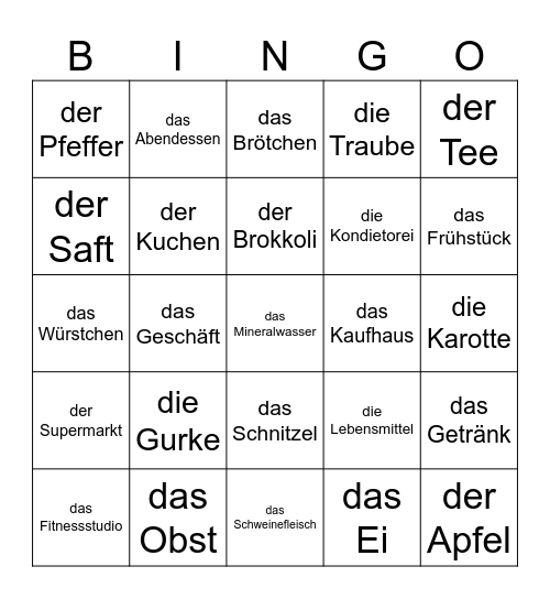 German 1, Unit 3: Fit und Gesund bleiben Bingo Card