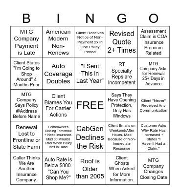 Holiday Insurance Bingo Card