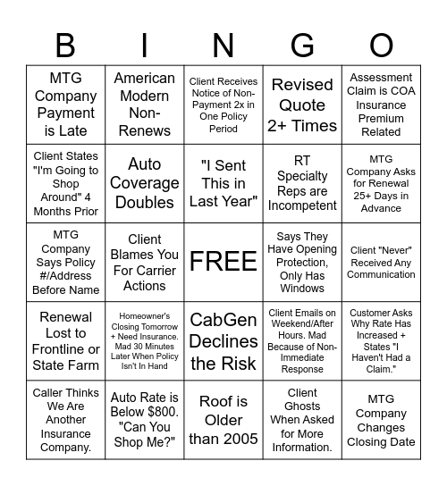 Holiday Insurance Bingo Card