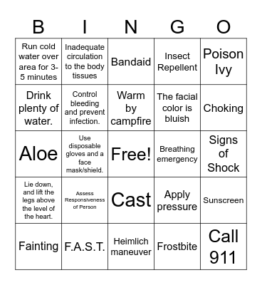 First Aid Bingo Card