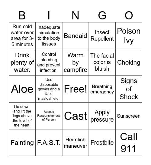 First Aid Bingo Card
