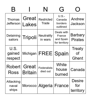 War of 1812 Bingo Card