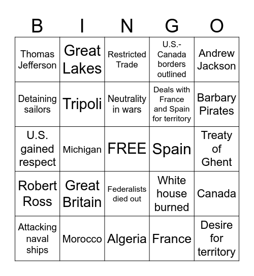 War of 1812 Bingo Card