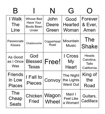 2. Country Songs (Reg) Bingo Card