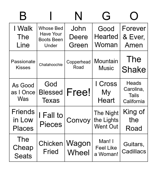 2. Country Songs (Reg) Bingo Card