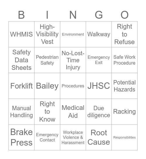 HEALTH & SAFETY Bingo Card
